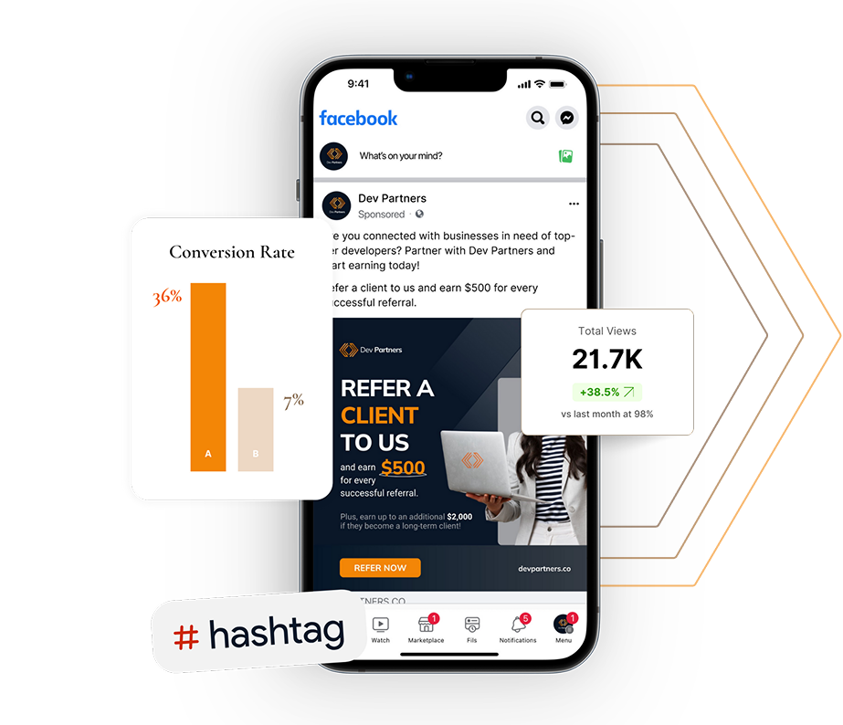 Phone mockup with social analytics cards illustrating social media management in the Philippines